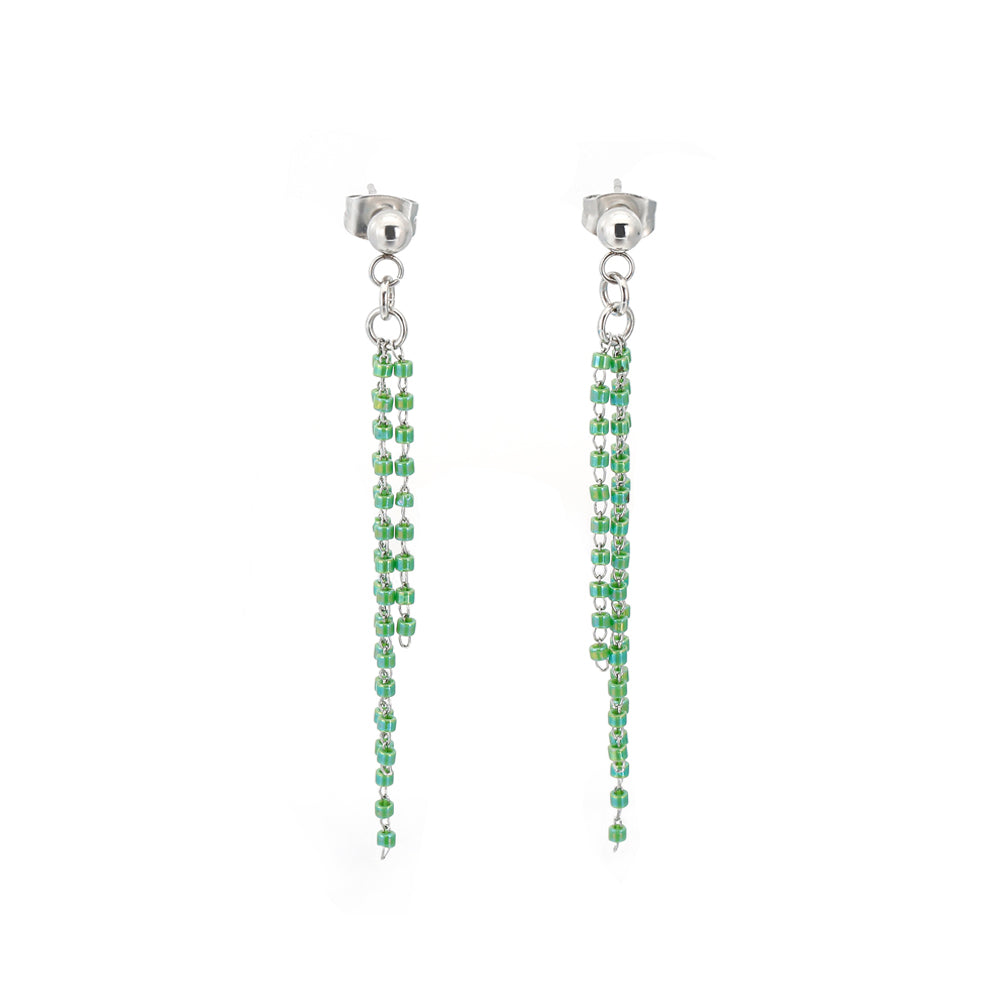 Simple and Fashion Geometric Green Crystal Tassel 316L Stainless Steel Earrings