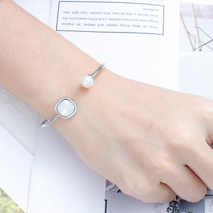 Simple and Fashion Geometric Square Cubic Zirconia Imitation Pearl 316L Stainless Steel Bangle
