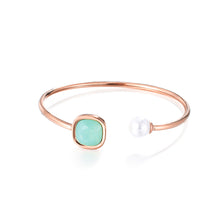 Load image into Gallery viewer, Simple Temperament Plated Rose Gold Geometric Square Green Cubic Zircon Imitation Pearl 316L Stainless Steel Bangle