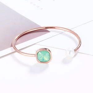 Simple Temperament Plated Rose Gold Geometric Square Green Cubic Zircon Imitation Pearl 316L Stainless Steel Bangle
