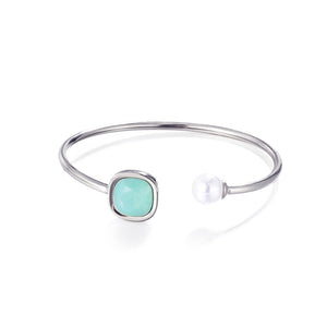 Simple Temperament Geometric Square Green Cubic Zirconia Imitation Pearl 316L Stainless Steel Bangle