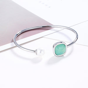 Simple Temperament Geometric Square Green Cubic Zirconia Imitation Pearl 316L Stainless Steel Bangle