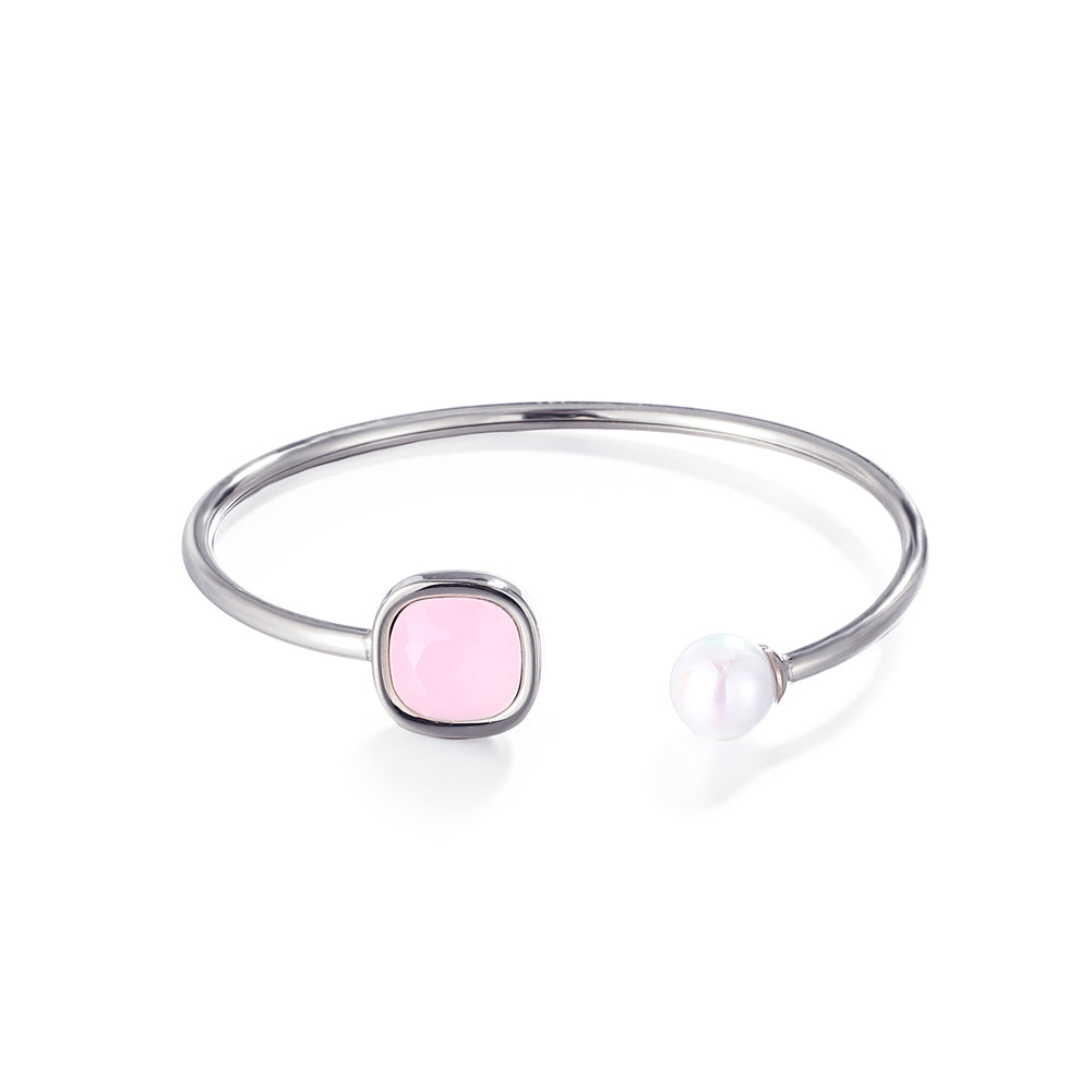 Fashion Simple Geometric Square Pink Cubic Zirconia Imitation Pearl 316L Stainless Steel Bangle