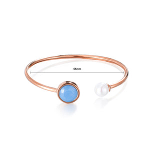 Simple Temperament Plated Rose Gold Geometric Round Blue Cubic Zirconia Imitation Pearl 316L Stainless Steel Bangle