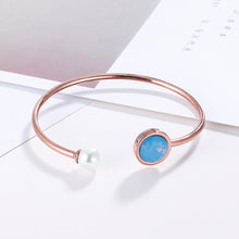 Load image into Gallery viewer, Simple Temperament Plated Rose Gold Geometric Round Blue Cubic Zirconia Imitation Pearl 316L Stainless Steel Bangle