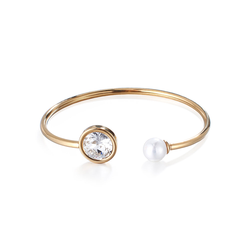 Fashion Simple Plated Gold Geometric Round Cubic Zirconia Imitation Pearl 316L Stainless Steel Bangle