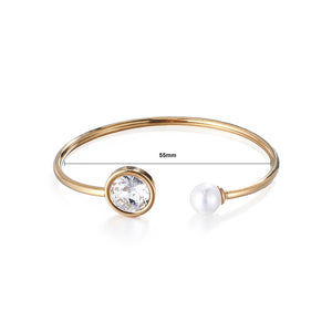 Fashion Simple Plated Gold Geometric Round Cubic Zirconia Imitation Pearl 316L Stainless Steel Bangle