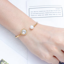 Load image into Gallery viewer, Fashion Simple Plated Gold Geometric Round Cubic Zirconia Imitation Pearl 316L Stainless Steel Bangle