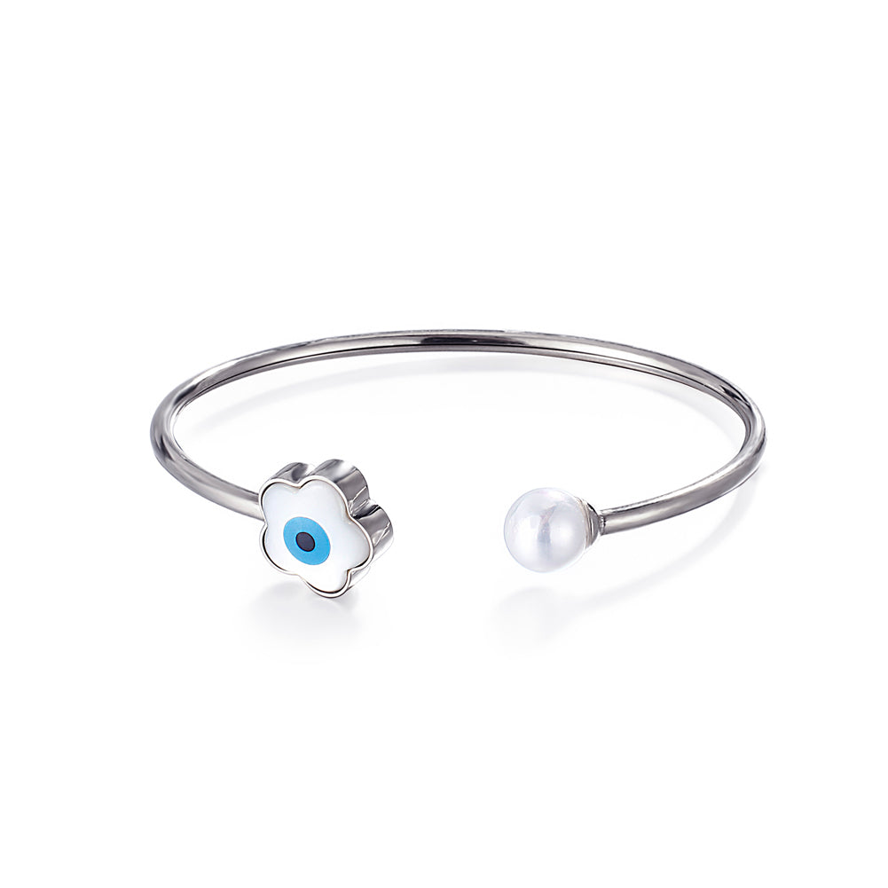 Simple and Creative Flower Devil Eye Imitation Pearl 316L Stainless Steel Bangle