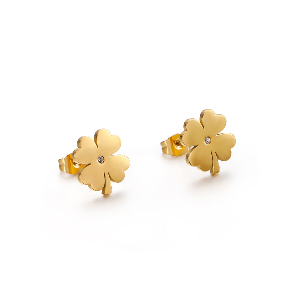 Fashion and Simple Plated Gold Four-leafed Clover 316L Stainless Steel Stud Earrings with Cubic Zirconia