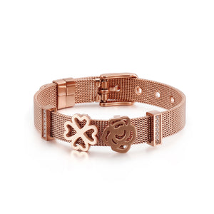 Fashion and Elegant Plated Rose Gold Four-leafed Clover Rose 316L Stainless Steel Mesh Bracelet