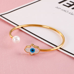 Fashion Personality Plated Gold Devil's Eye Imitation Pearl 316L Stainless Steel Bangle