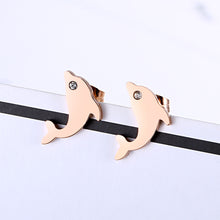 Load image into Gallery viewer, Simple and Lovely Plated Rose Gold Dolphin 316L Stainless Steel Stud Earrings with Cubic Zirconia