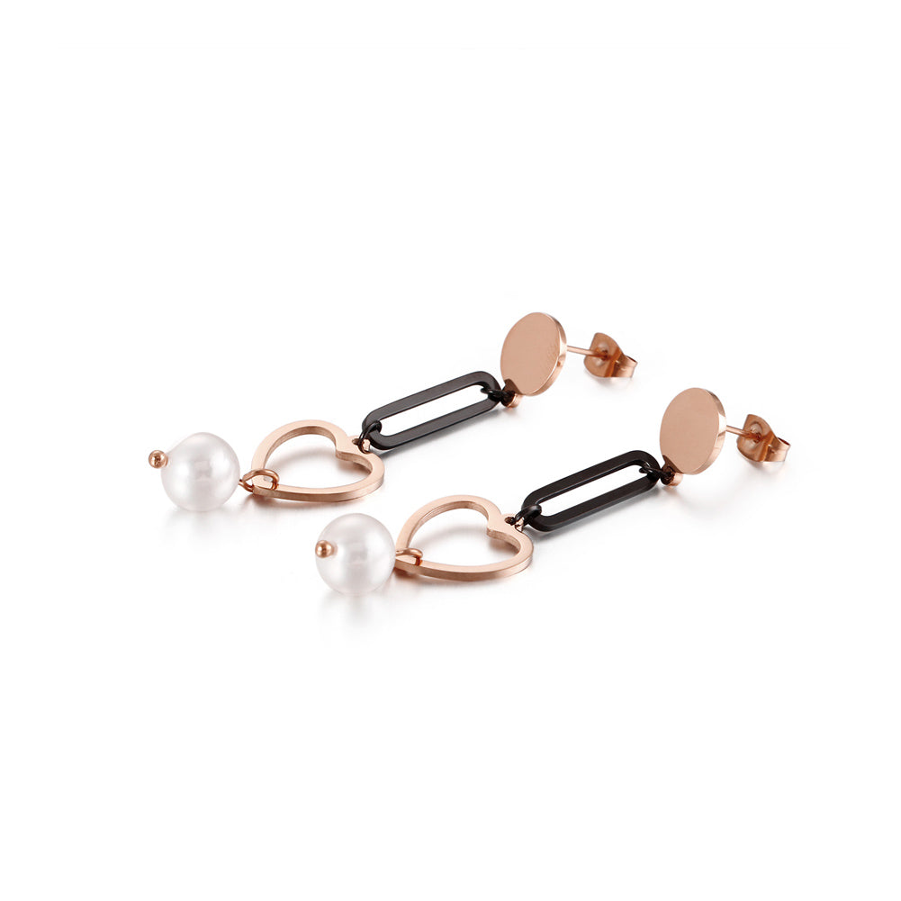 Fashion and Elegant Plated Rose Gold Black Geometric Tassel Heart-shaped Imitation Pearl 316L Stainless Steel Earrings