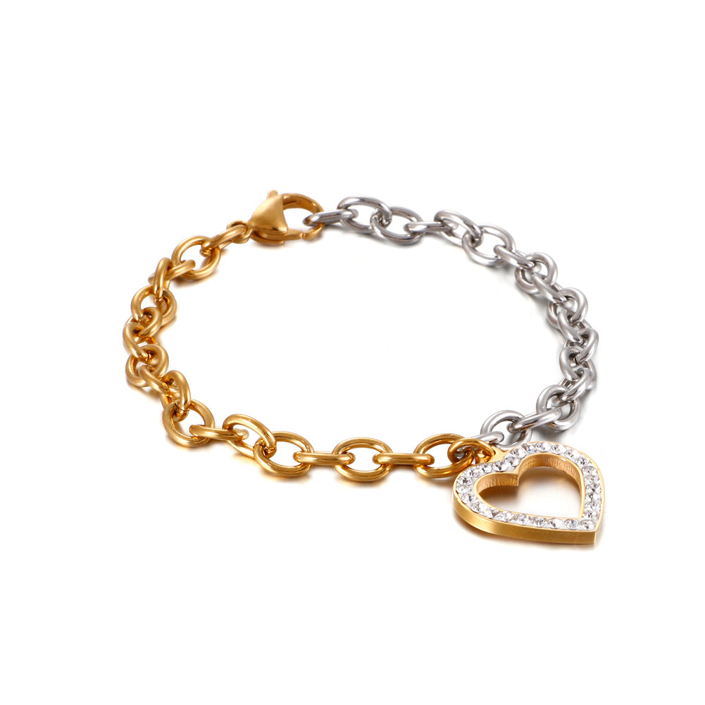 Fashion and Elegant Plated Gold Hollow Heart-shaped Two-tone 316L Stainless Steel Bracelet with Cubic Zirconia