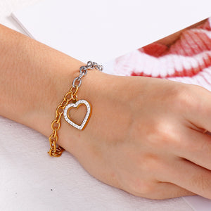 Fashion and Elegant Plated Gold Hollow Heart-shaped Two-tone 316L Stainless Steel Bracelet with Cubic Zirconia