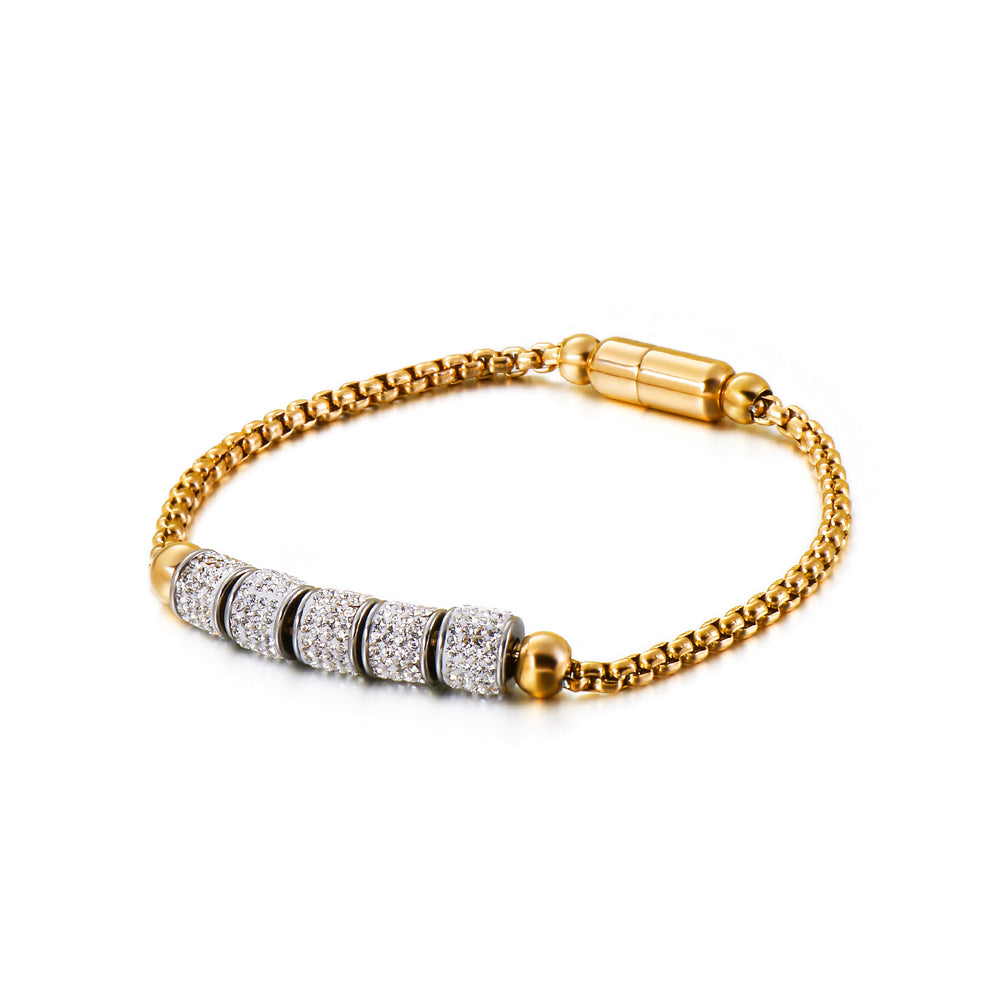Fashion Bright Plated Gold Geometric Round Beads Cubic Zirconia 316L Stainless Steel Bracelet