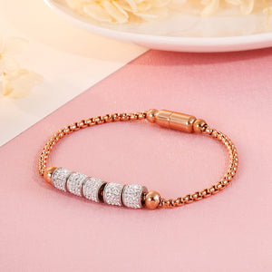 Fashion Bright Plated Rose Gold Geometric Round Beads Cubic Zirconia 316L Stainless Steel Bracelet