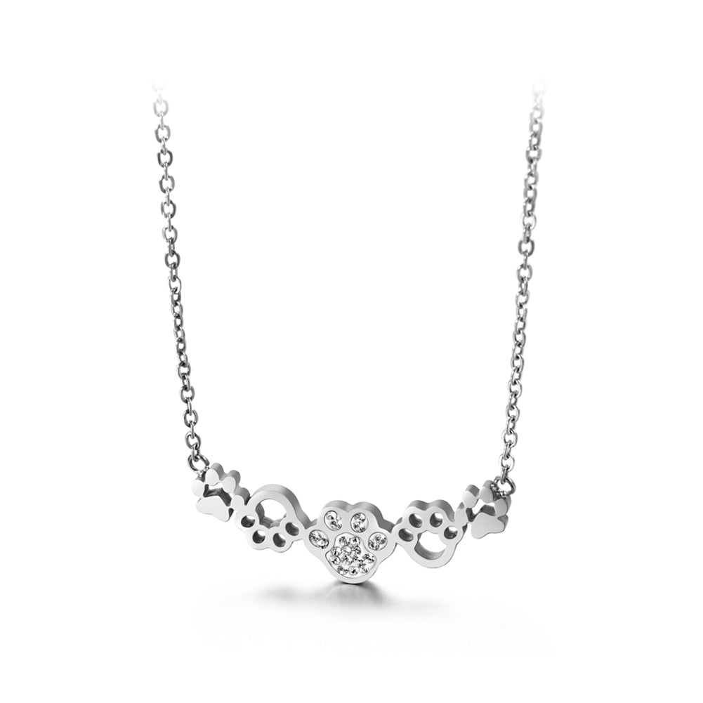 Simple and Cute Cat Paw Footprint 316L Stainless Steel Necklace with Cubic Zirconia