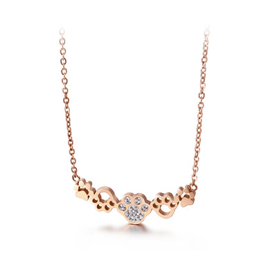 Simple and Cute Plated Rose Gold Cat Paw Footprint 316L Stainless Steel Necklace with Cubic Zirconia