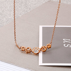 Simple and Cute Plated Rose Gold Cat Paw Footprint 316L Stainless Steel Necklace with Cubic Zirconia