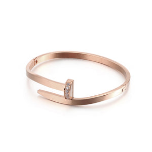 Simple Personality Plated Rose Gold Geometric 316L Stainless Steel Bangle with Cubic Zirconia