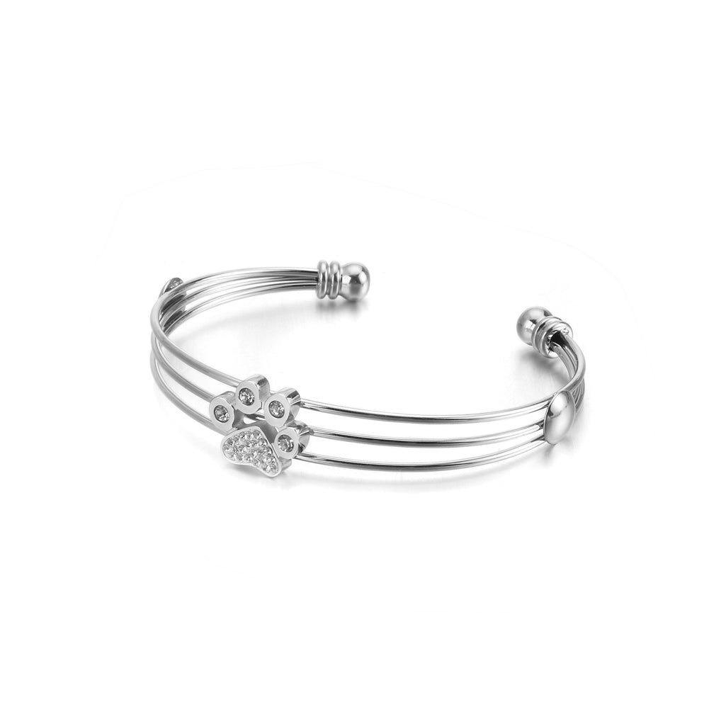 Simple and Lovely Cat Paw Footprint 316L Stainless Steel Bangle with Cubic Zirconia