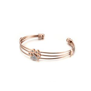 Simple and Cute Plated Rose Gold Cat Paw Footprint 316L Stainless Steel Bangle with Cubic Zirconia