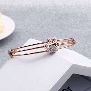 Simple and Cute Plated Rose Gold Cat Paw Footprint 316L Stainless Steel Bangle with Cubic Zirconia