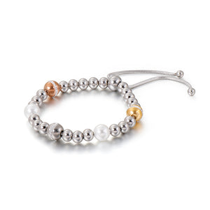 Simple and Elegant Geometric Golden Round Bead Imitation Pearl 316L Stainless Steel Bracelet with Cubic Zirconia