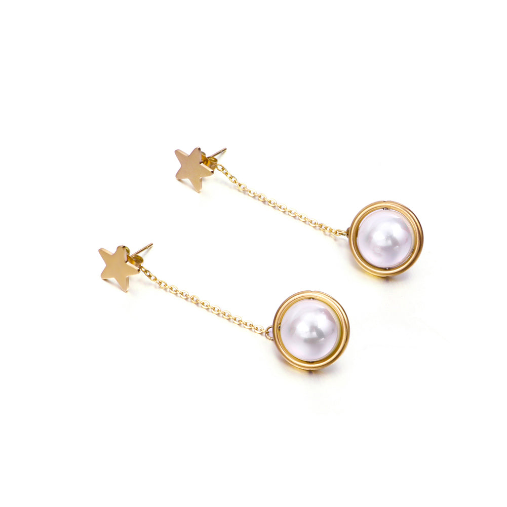 Simple and Creative Plated Gold Star Tassel Imitation Pearl 316L Stainless Steel Earrings