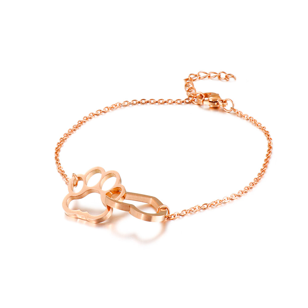 Simple and Lovely Plated Rose Gold Hollow Heart-shaped Cat's Paw Footprint 316L Stainless Steel Bracelet