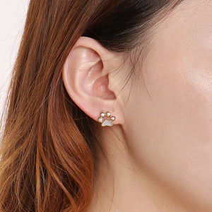 Simple and Cute Plated Gold Cat's Claw Footprint 316L Stainless Steel Earrings with Cubic Zirconia