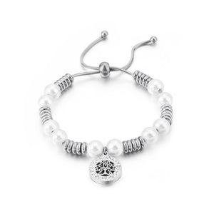 Fashion and Elegant Geometric Tree Of Life Imitation Pearl Beaded 316L Stainless Steel Bracelet with Cubic Zirconia