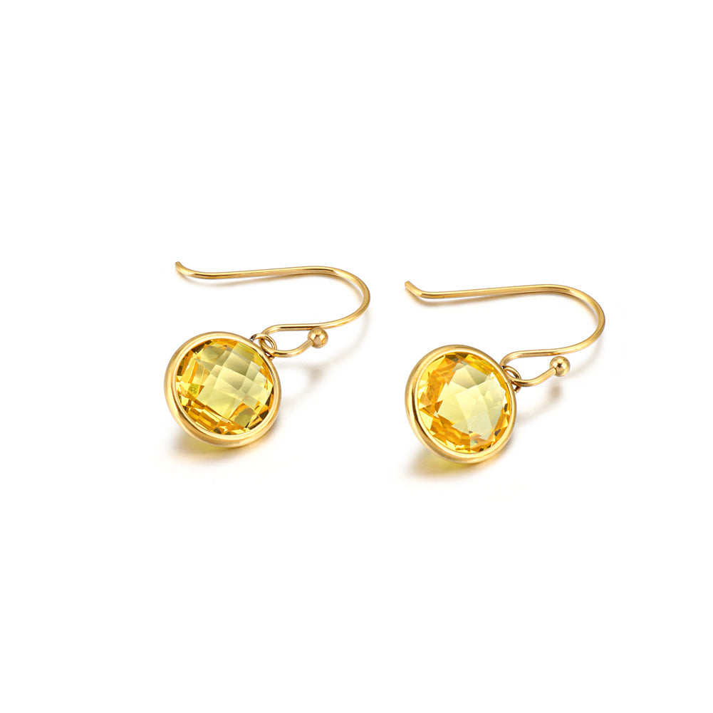 Simple and Fashion Plated Gold Geometric Round Yellow Cubic Zirconia 316L Stainless Steel Earrings