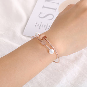 Fashion Simple Plated Rose Gold Star Moon Imitation Pearl 316L Stainless Steel Bangle
