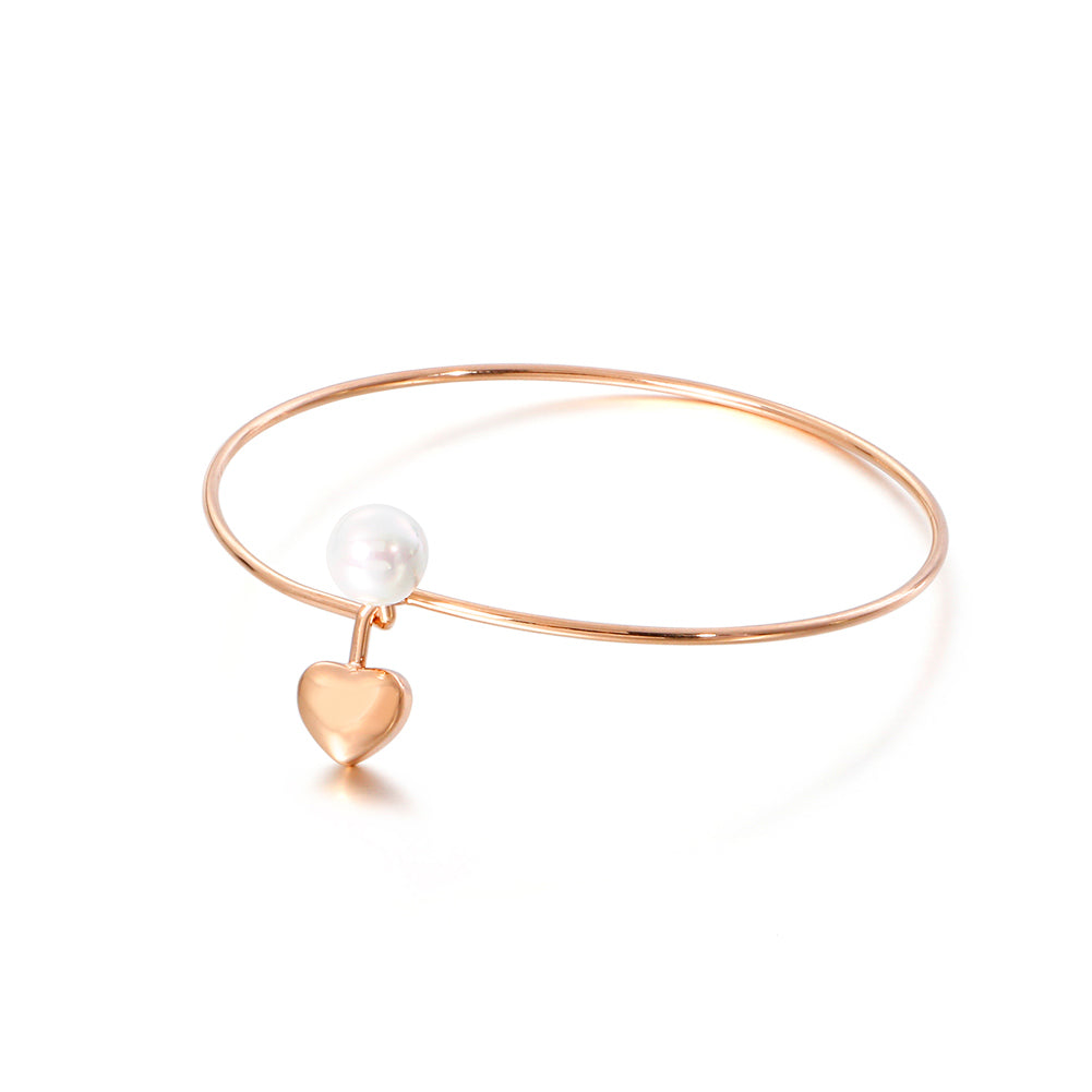 Simple and Romantic Plated Rose Gold Heart-shaped Imitation Pearl 316L Stainless Steel Bangle