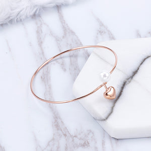 Simple and Romantic Plated Rose Gold Heart-shaped Imitation Pearl 316L Stainless Steel Bangle