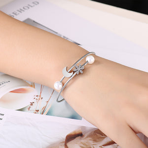 Fashion Simple Snowflake Moon 316L Stainless Steel Bangle with Imitation Pearls