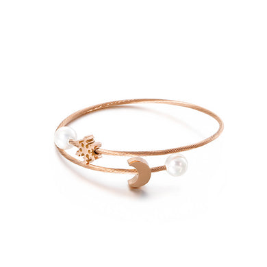 Fashion Simple Plated Rose Gold Snowflake Moon 316L Stainless Steel Bangle with Imitation Pearls