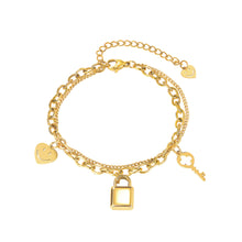Load image into Gallery viewer, Fashion Creative Plated Gold Smiley Face Heart-shaped Key Lock Double Layer 316L Stainless Steel Bracelet