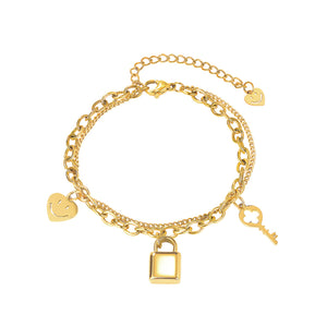Fashion Creative Plated Gold Smiley Face Heart-shaped Key Lock Double Layer 316L Stainless Steel Bracelet