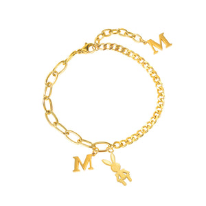 Fashion and Cute Plated Gold Rabbit English Alphabet M 316L Stainless Steel Bracelet
