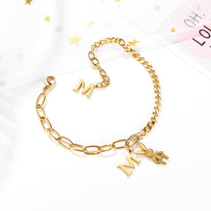 Fashion and Cute Plated Gold Rabbit English Alphabet M 316L Stainless Steel Bracelet