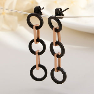 Simple Fashion Plated Rose Gold Black Geometric Round 316L Stainless Steel Earrings