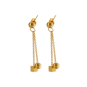 Fashion Simple Plated Gold Geometric Square Round Beads Tassel 316L Stainless Steel Earrings