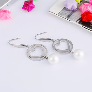 Simple and Romantic Round Hollow Heart-shaped 316L Stainless Steel Earrings with Imitation Pearls