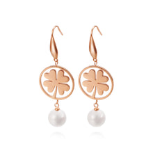 Load image into Gallery viewer, Fashion and Elegant Plated Rose Gold Round Four-leafed Clover 316L Stainless Steel Earrings with Imitation Pearls