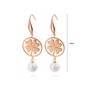 Fashion and Elegant Plated Rose Gold Round Four-leafed Clover 316L Stainless Steel Earrings with Imitation Pearls