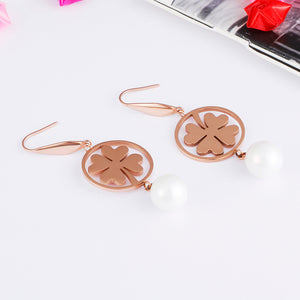 Fashion and Elegant Plated Rose Gold Round Four-leafed Clover 316L Stainless Steel Earrings with Imitation Pearls